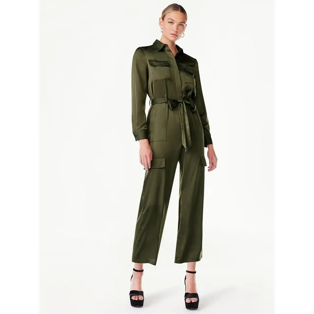 Scoop Women's Wide Leg Satin Jumpsuit with Cargo Pockets, Sizes XS-2XL | Walmart (US)