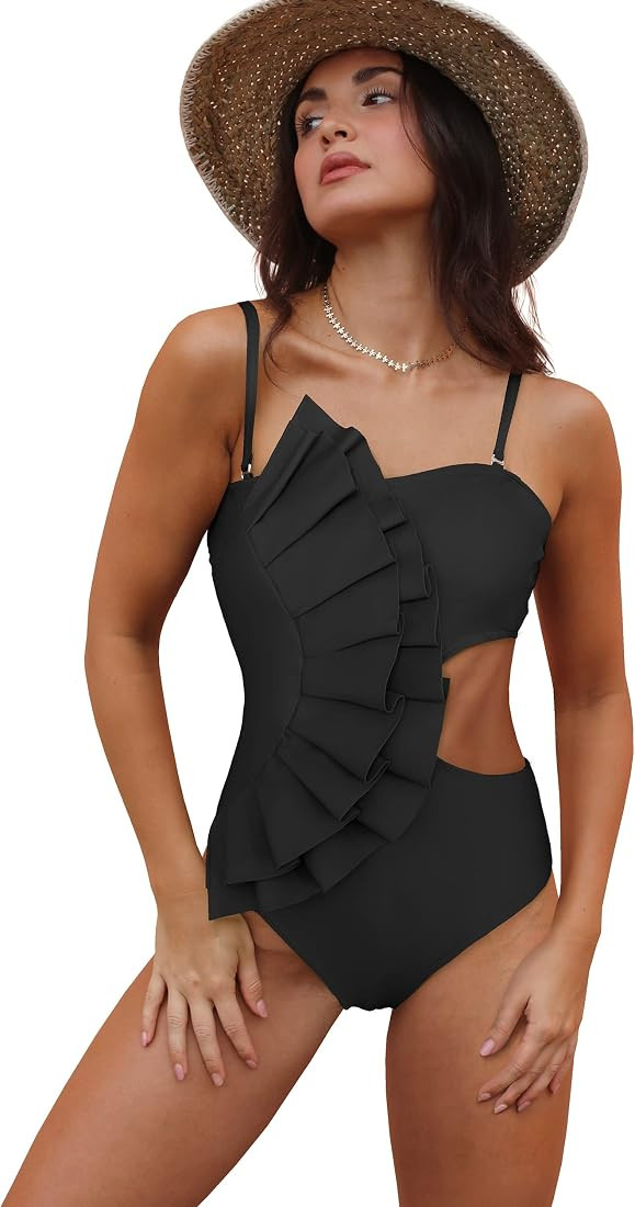 SPORLIKE Women One Piece Swimsuit Flounce Swimwear Hole Out Bathing Suit Padded Monokini | Amazon (US)