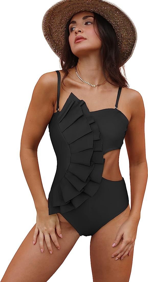 SPORLIKE Women One Piece Swimsuit Flounce Swimwear Hole Out Bathing Suit Padded Monokini | Amazon (US)