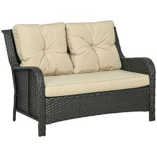 Beige PE Rattan Wicker Patio Outdoor Couch with Beige Cushions | The Home Depot