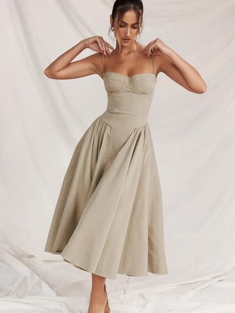 Women Sexy Solid Sling Midi Dress Fashion Sleeveless Backless Pleated Hem Dresses 2024 Summer Fem... | AliExpress (US)