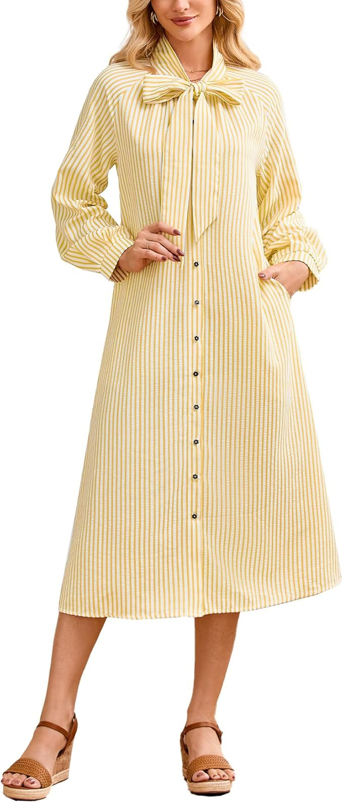 Women's Striped Shirt Dress Casual Bow Tie Neck Button Down Long Sleeve Midi Dress with Pockets | Amazon (US)