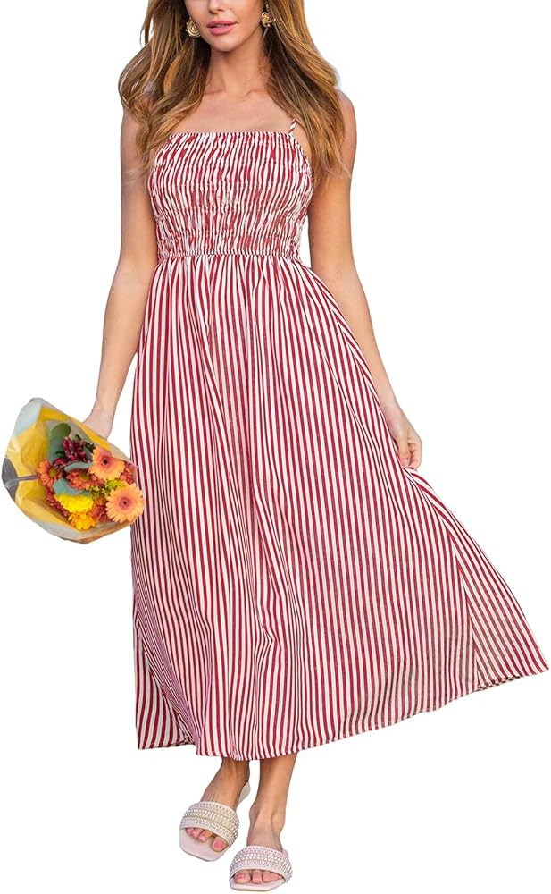 CUPSHE Women's Striped Smocked Maxi Dress Spaghetti Strap Flowy Sundress Beach Vacation Summer Lo... | Amazon (US)