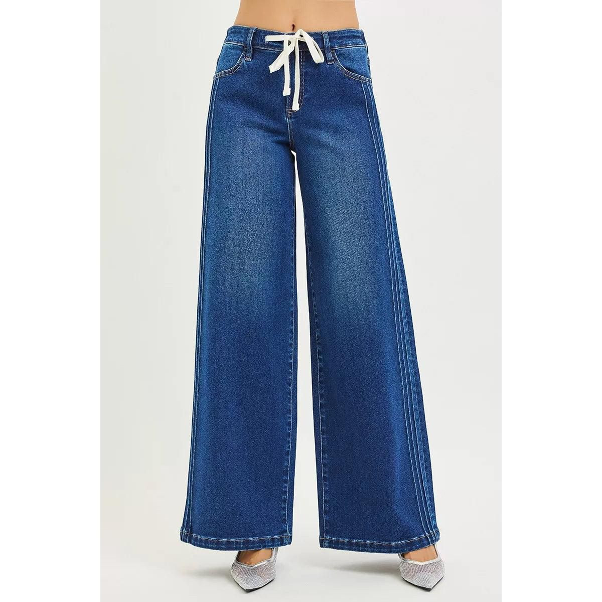 RISEN Full Size Mid Rise Wide Side Pintuck Jeans with Front Drawstring Plus Size | Target