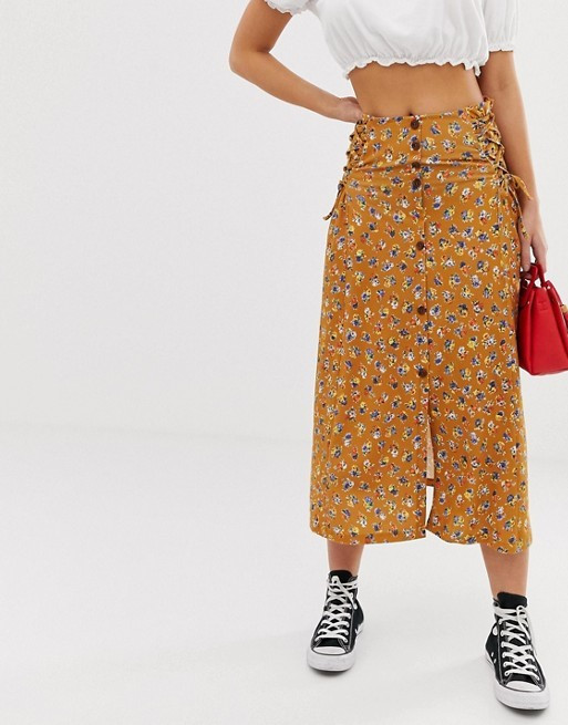 ASOS DESIGN vintage mustard floral midi skirt with tie side | ASOS US