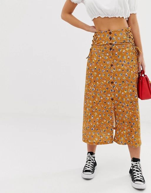 ASOS DESIGN vintage mustard floral midi skirt with tie side | ASOS US
