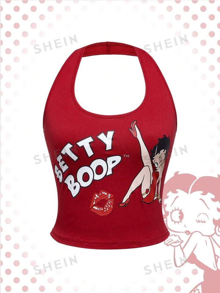 Betty Boop | ROMWE Plus Size Cartoon Character And Letter Print Halter Top For Summer | SHEIN