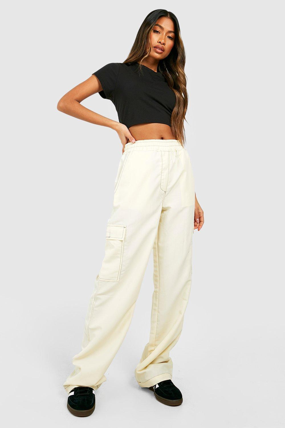 Womens Soft Touch Contrast Stitch Elasticated Waist Cargo Pants - Cream - 6 | Boohoo.com (US & CA)