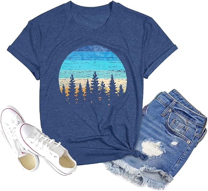 Sunset Pine Tree Tshirt Women Camping Tshirt Retro Sun Print Graphic Tee Casual Short Sleeve Top | Amazon (US)