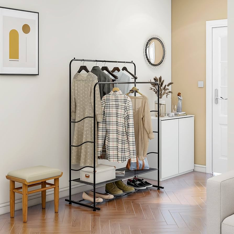 JURMERRY Clothes Rail Garment Rail Double Hanging Rail, Heavy Duty Metal with Shelf 110 x 150 cm,... | Amazon (UK)