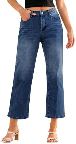 GRAPENT Jeans for Women Trendy High Waisted Loose Straight Leg Stretchy Denim Ankle Pants Cropped... | Amazon (US)
