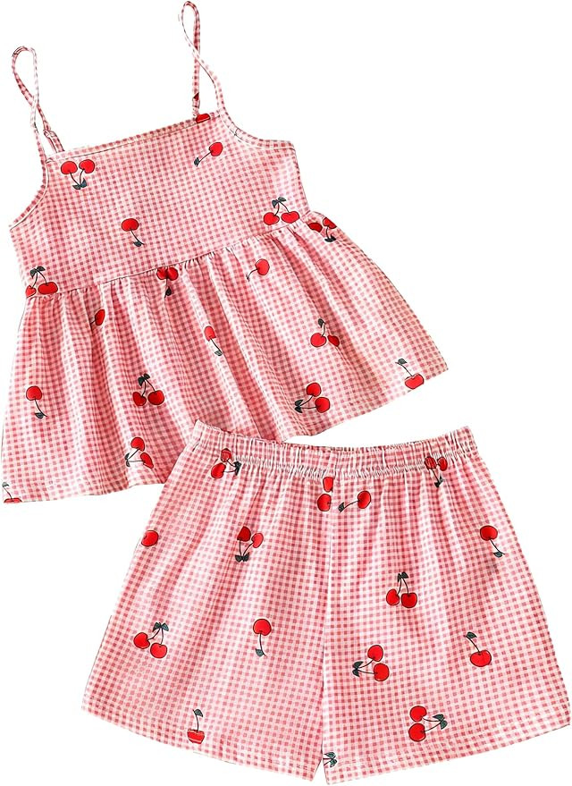 Girls 2 Piece Summer Outfits Cute Plaid Smocked Cherry Sleeveless Camisole Top and Shorts Set | Amazon (US)