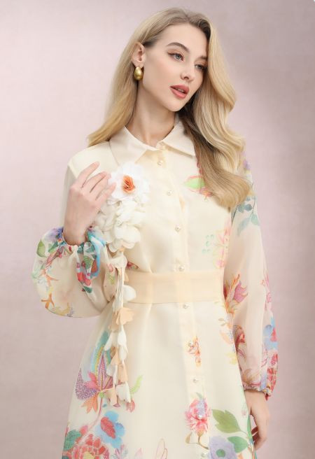 Floral-Kissed Button-Down Organza Maxi Dress with Brooch in Cream for Romantic Retreats & Sunset ... | Chicwish