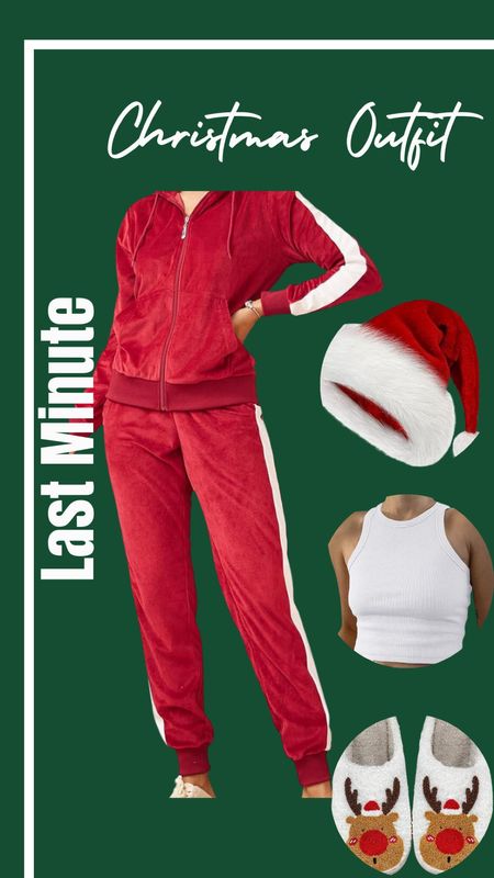 Last minute Christmas outfit for women - Cozy and Comfortable. All from Amazon and quick ship!

-Santa hat
- velour track suit set of 2
- white tank
- reindeer slippers

#LTKsalealert #LTKHoliday #LTKSeasonal
