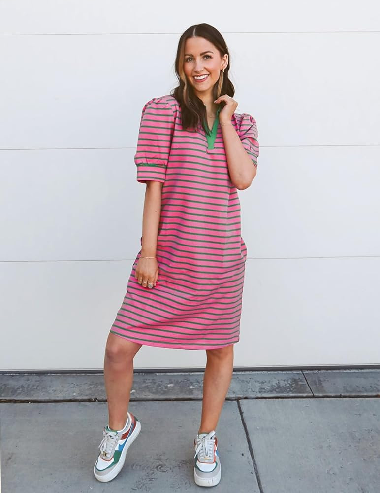 ZESICA Womens Summer Striped T Shirt Mini Dresses 2026 Casual Lapel V Neck Short Sleeve Flowy A L... | Amazon (US)
