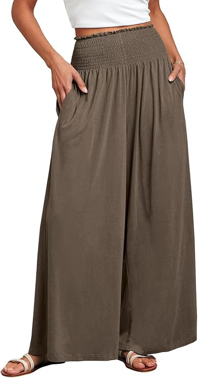 ANRABESS Women Palazzo Pants Summer Boho Bagyy Wide Leg High Smocked Waist Casual Loose Lounge Pa... | Amazon (US)