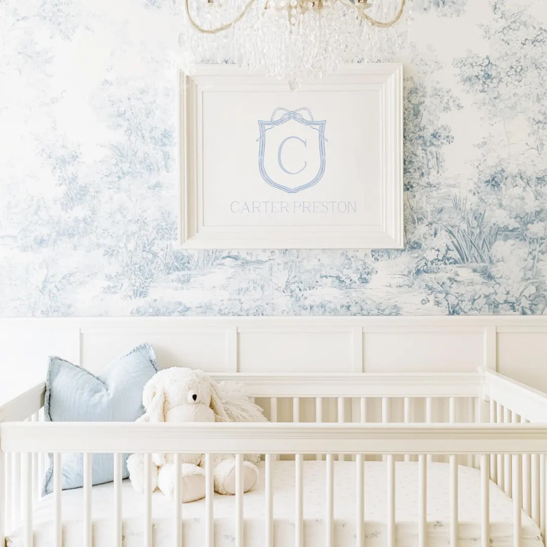 Simple Classic Blue Monogram Initial Crest | Blue Nursery Wall Art | Name Nursery Decor | Baby Bo... | Etsy (US)