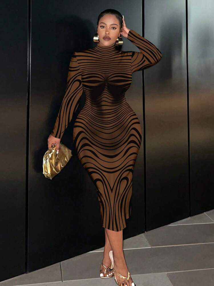 Slaydiva Music Festival Body Line Print Casual Minimalist Plus Size Long Sleeve Crew Neck Fitted Dress Chic Dress,Fall Clothes For Women New Year Party/Winter | SHEIN