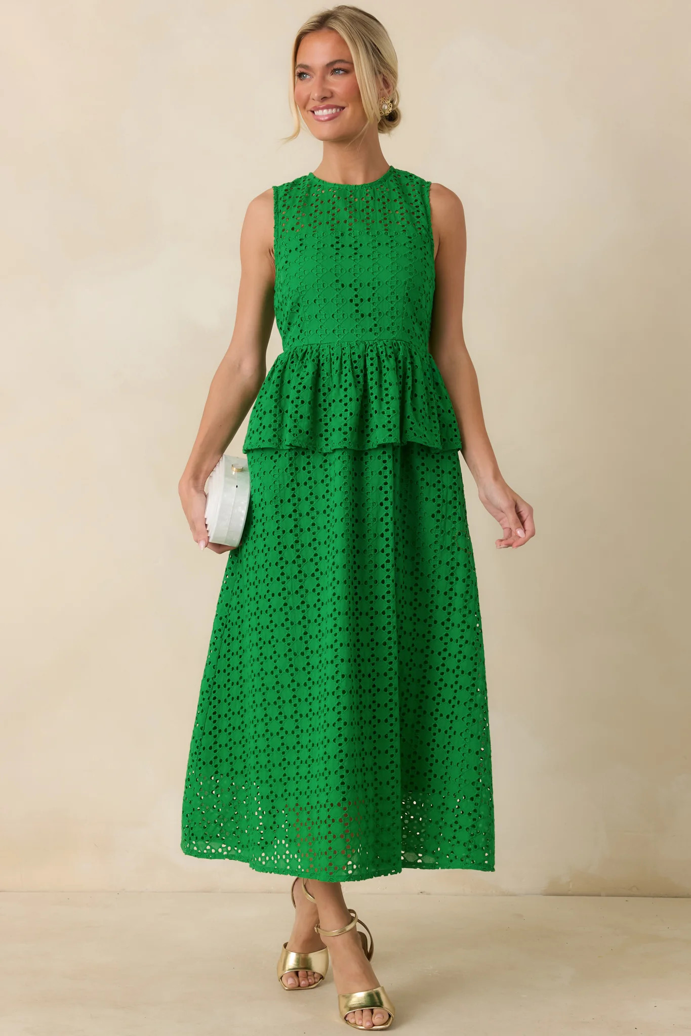 Worth A Closer Look Green Eyelet Peplum Midi Dress | Red Dress