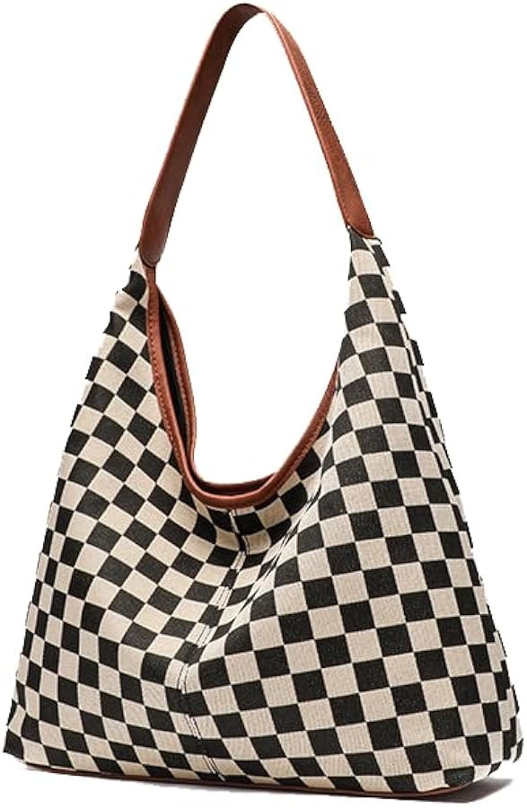 hibear Checkered Purse for Women Canvas Hobo Handbag Checkered Shoulder Bag Slouchy Tote Purses 2... | Amazon (US)