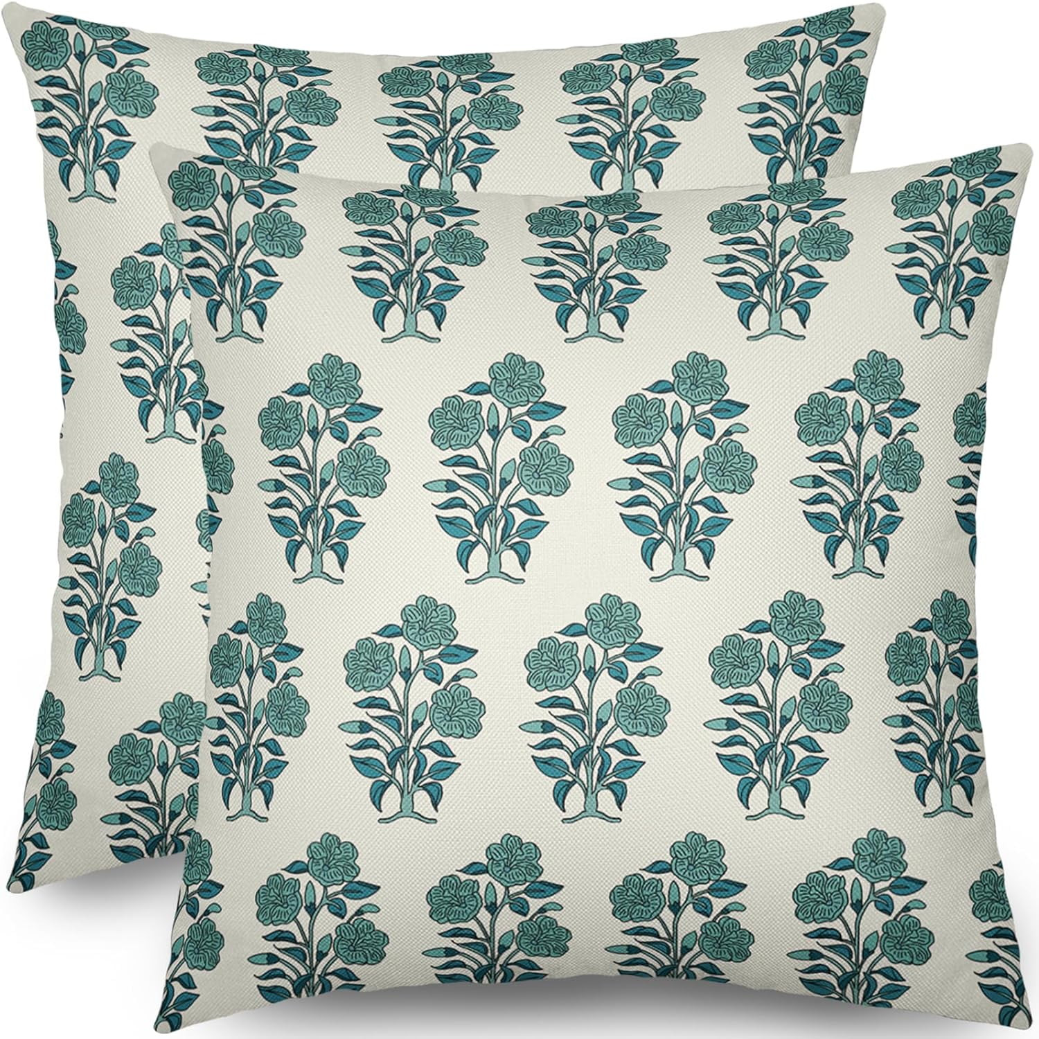 Aqua Teal Floral Block Print Pillow Covers 18x18 Set of 2 Chinoiserie Flower Leaves Outdoor Decor... | Walmart (US)