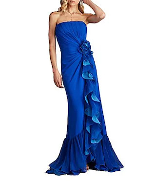 Tadashi Shoji Strapless Pleated Bodice Cascading Ruffle Crepe Sheath Gown - L | Dillard's