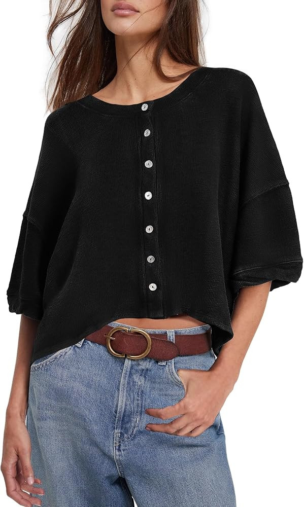 Womens Cropped Cardigan Short Sleeve Cardigan Button Up Lightweight Cardigans Oversized Button Do... | Amazon (US)