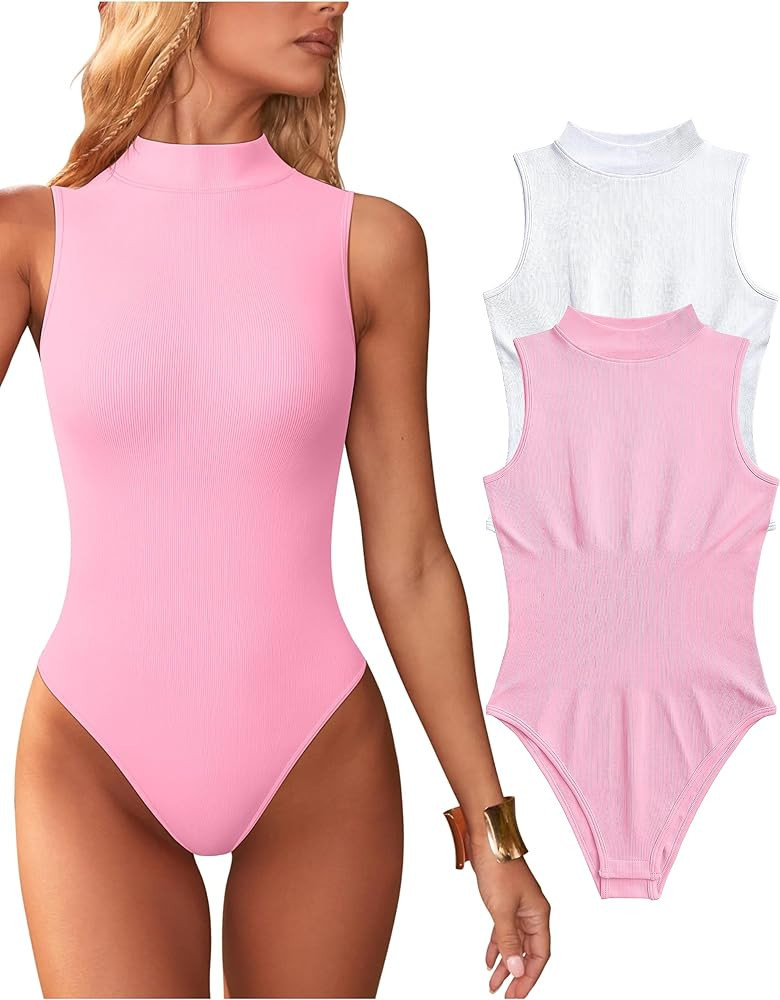 OQQ Women's 2 Piece Bodysuits Sexy Ribbed Sleeveless High Neck Tank Tops Bodysuits | Amazon (US)