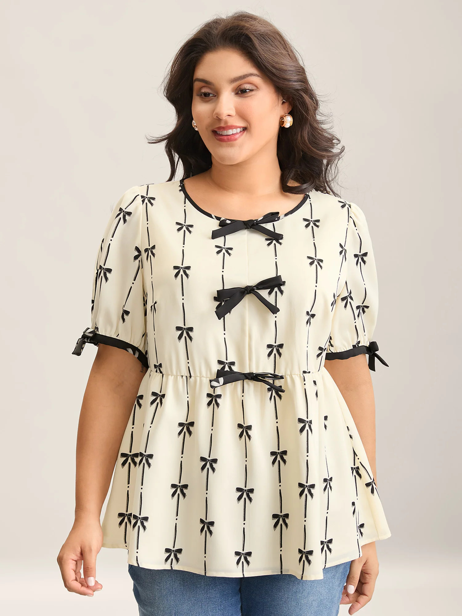 Bow Detail Printed Color Contrast Blouse | Bloomchic