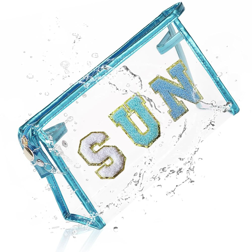 COSHAYSOO Clear Makeup Bag Sunscreen Pouch with Letter Patches Summer Beach Essential Stuff Acces... | Amazon (US)