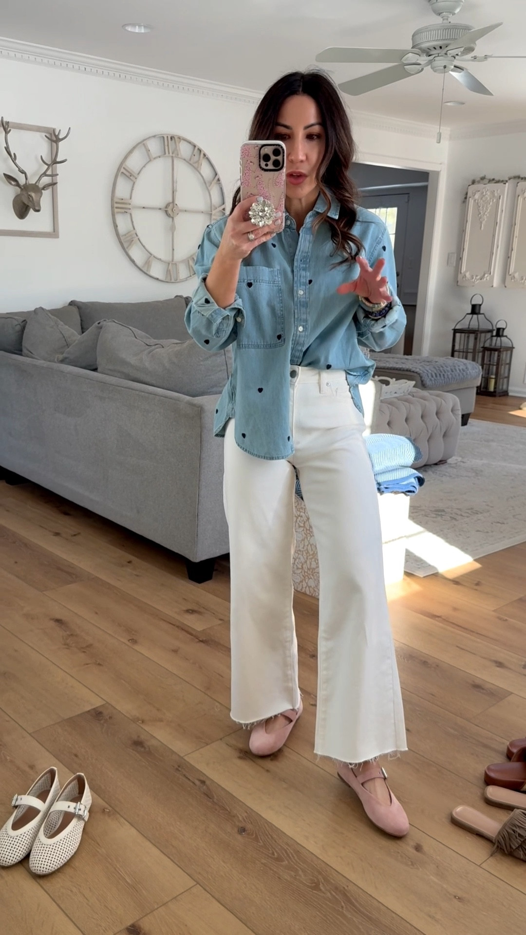 Shoes tts. Heart denim shirt size up to a medium. White jeans, 25. Ballet flats. Walmart fashion.

#LTKOver40