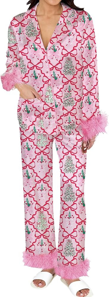 Nituyy Women Satin Christams Pajamas Set Plaid Bow Long Sleeve Button Down Shirts and Pants 2PCS ... | Amazon (US)