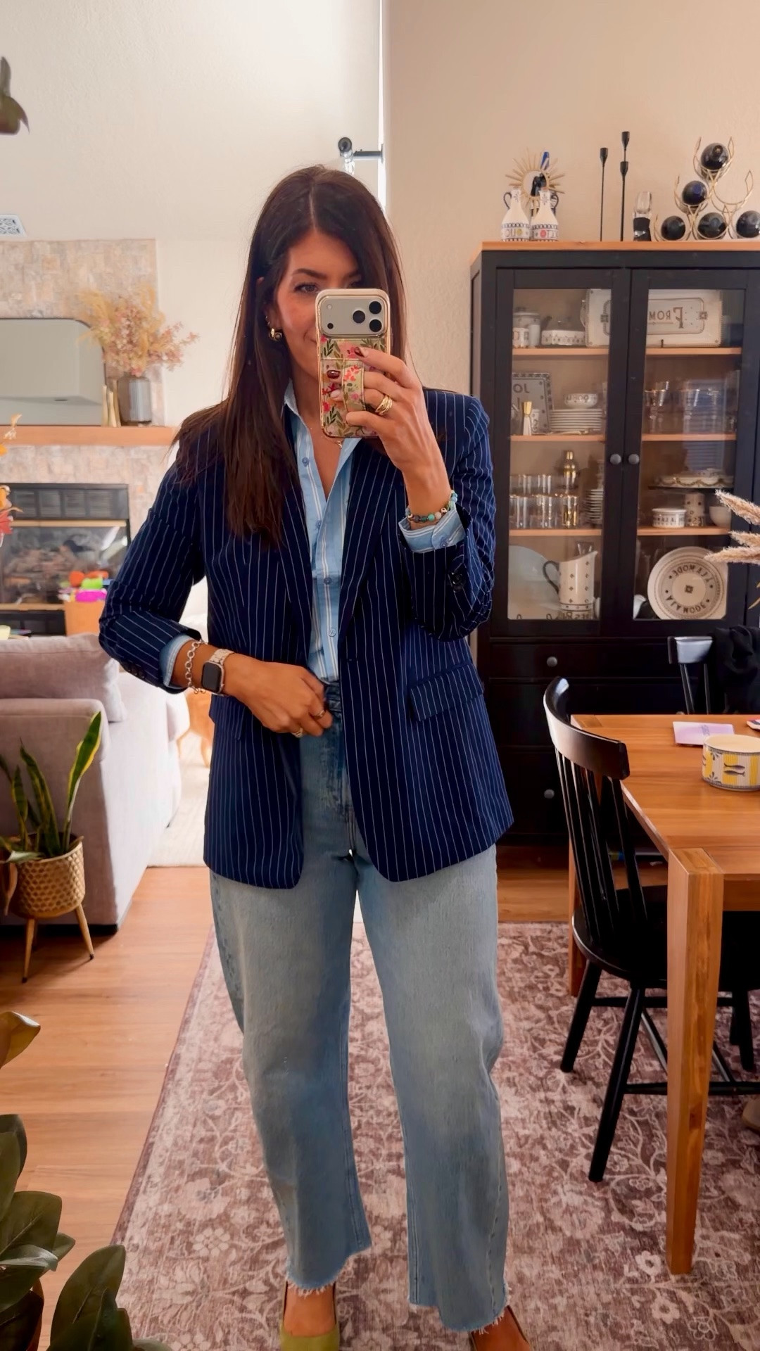 Casual Friday 
Medium striped shirt
6 blazer
29 curvy long jeans

#LTKMidsize #LTKTall #LTKWorkwear