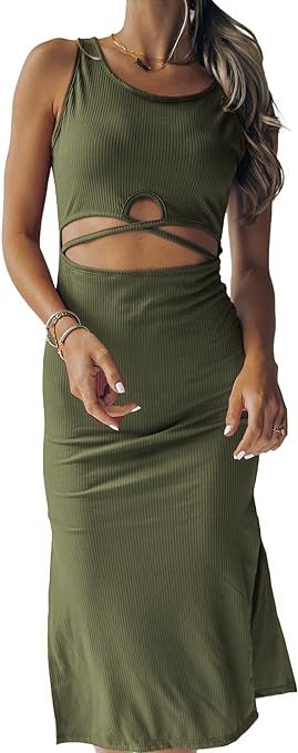 Lesore Women's Sleeveless V Neck Bodycon Midi Dress Side Slit Ribbed Knit Dresses | Amazon (US)