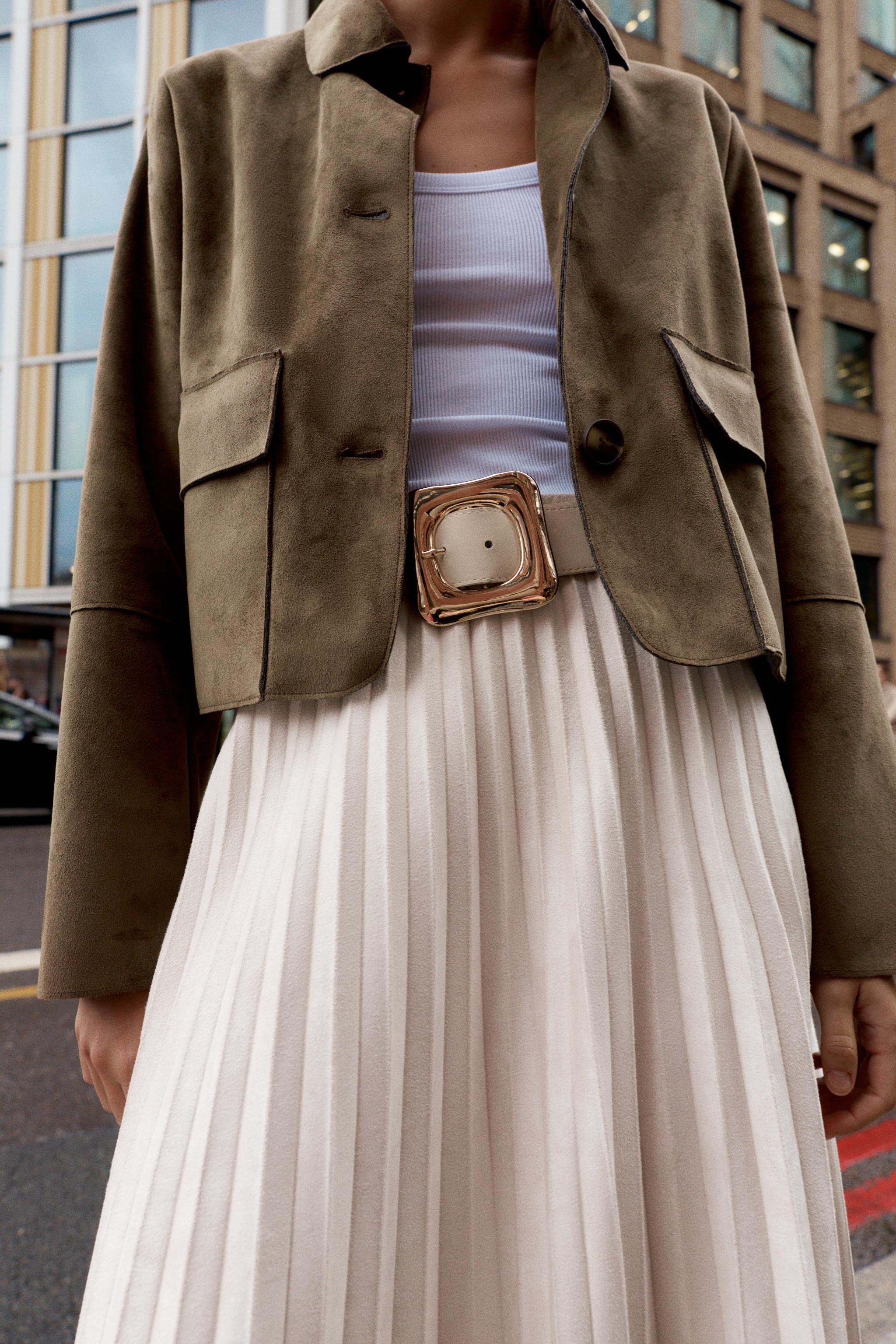 BELTED FAUX SUEDE EFFECT PLEATED MIDI SKIRT | Zara US