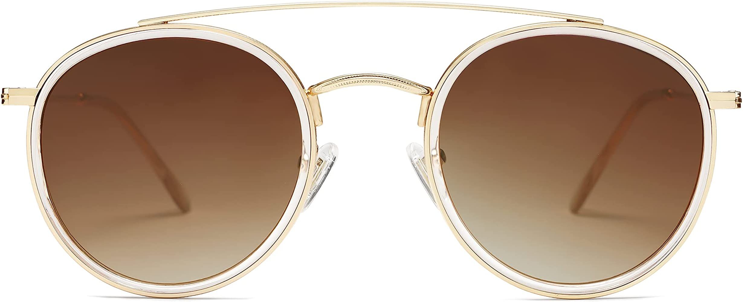 SOJOS Retro Round Double Bridge Polarized Sunglasses for Women Men Twin Beams Circular UV400 Sunnies | Amazon (US)