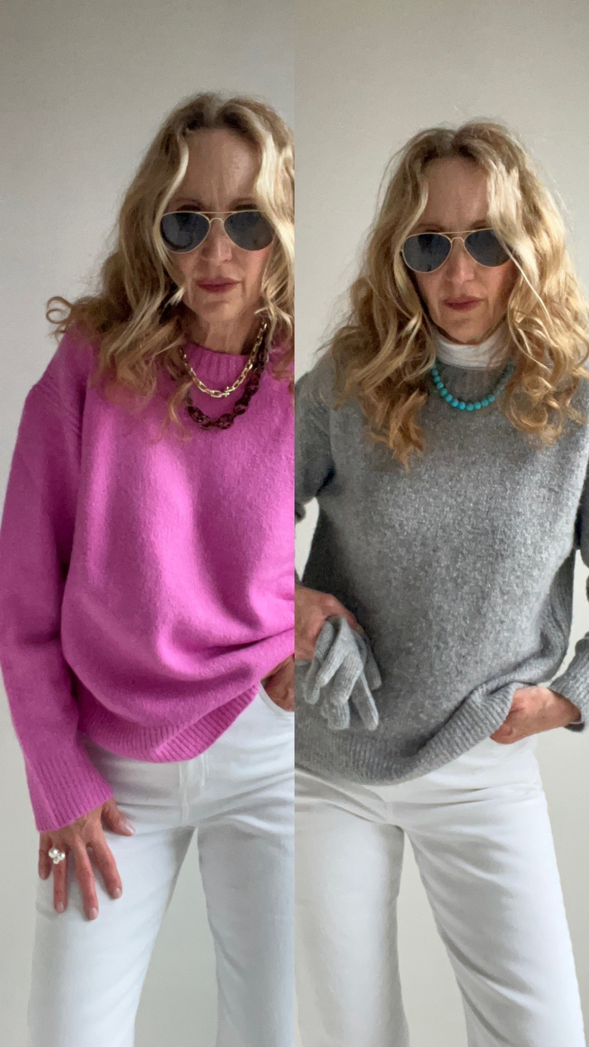 The perfect chunky, cozy relaxed sweater. I’m wearing a small in the pink and an extra small in the grey!