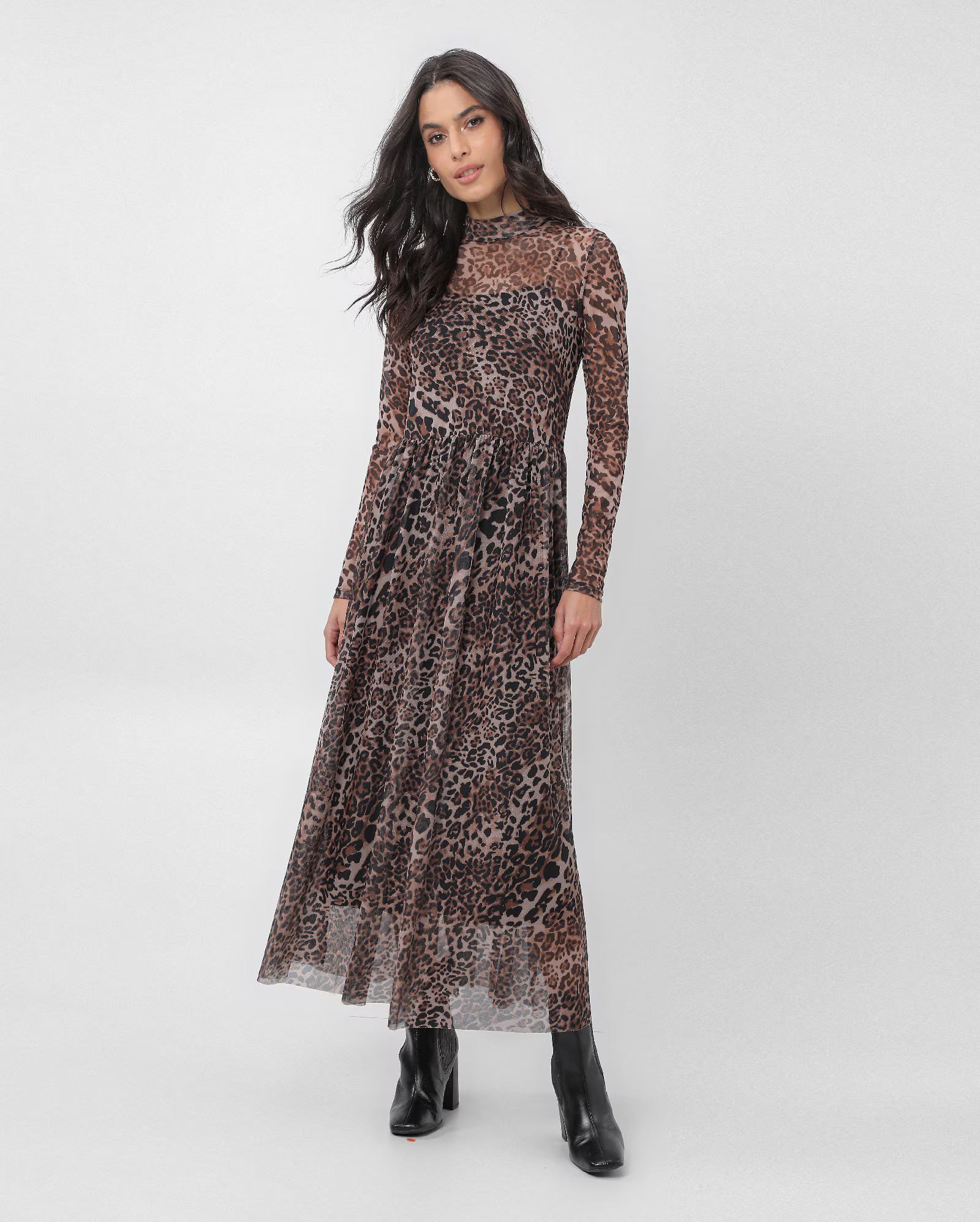 Vestido midi manga longa animal print onça marrom | AK by Riachuelo | Riachuelo (BR)