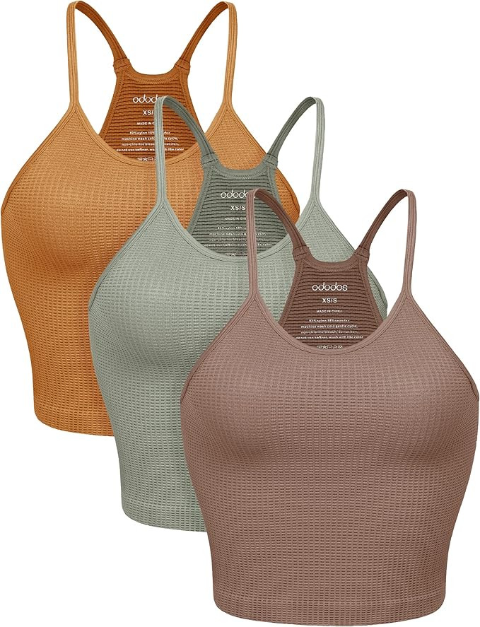 ODODOS Women's Crop 3-Pack Waffle Knit Seamless Camisole Crop Tank Tops | Amazon (US)