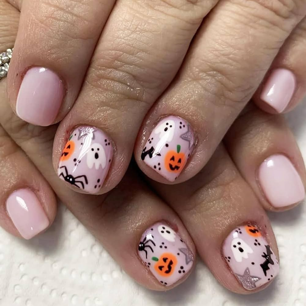 Halloween Press on Nails Pink Ghost Fake Nails Cute Ghost Pumpkin Star Spider False Nails with De... | Amazon (US)