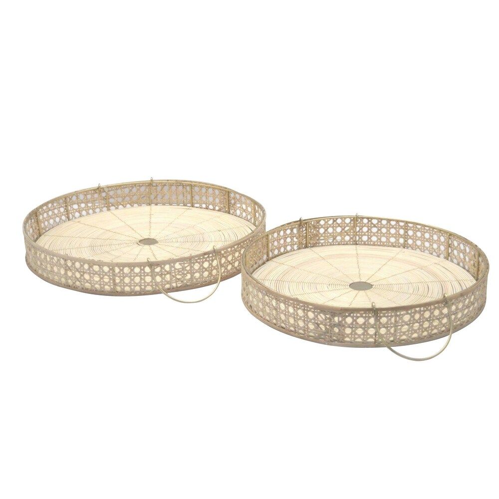 Round Metal Tray with Woven Rattan and Handles, Set of Two, Brown (Brown) | Bed Bath & Beyond