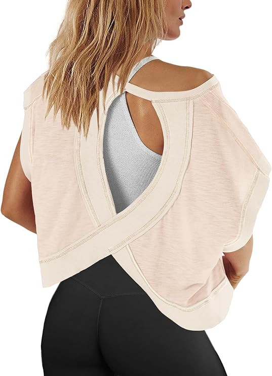 Panadila Womens Open Back Workout Top Oversized Workout T Shirts Backless Athletic Shirt Short Sl... | Amazon (US)