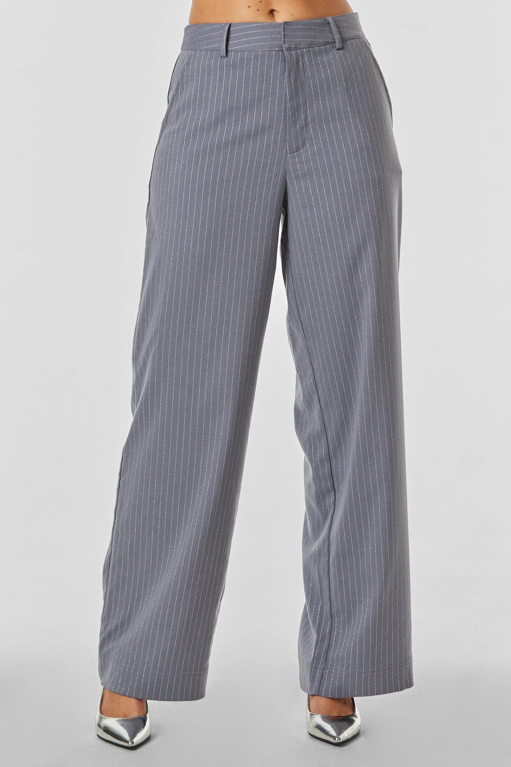 Zurich Wide Leg Trouser - Silver Metallic Pinstripe | The Noli Shop