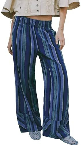 Womens Striped Wide Leg Pants Summer Boho Palazzo Pants Causal Elastic High Waist Long Lounge Tro... | Amazon (US)