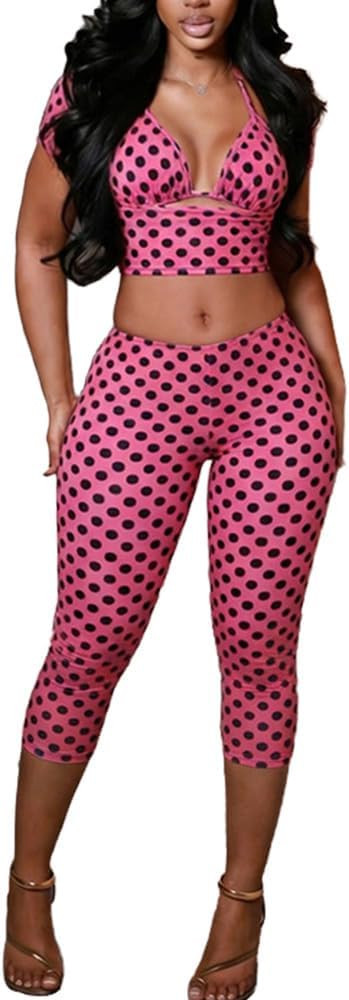 Molilove Polka Dot 3 Piece Outfits for Women Sexy Short Sleeve Halter Crop Top and Bodycon Pants ... | Amazon (US)