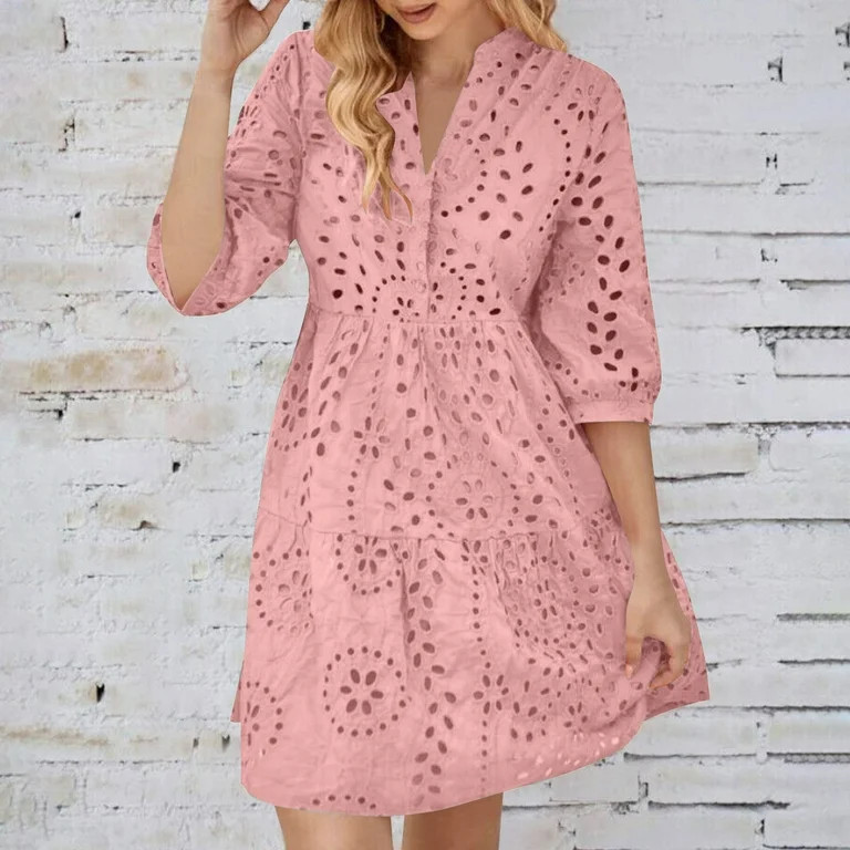Clearance! Under $15 qolati Summer Dresses for Women 2025 Swimsuit Cover Ups 3/4 Sleeve Eyelet He... | Walmart (US)