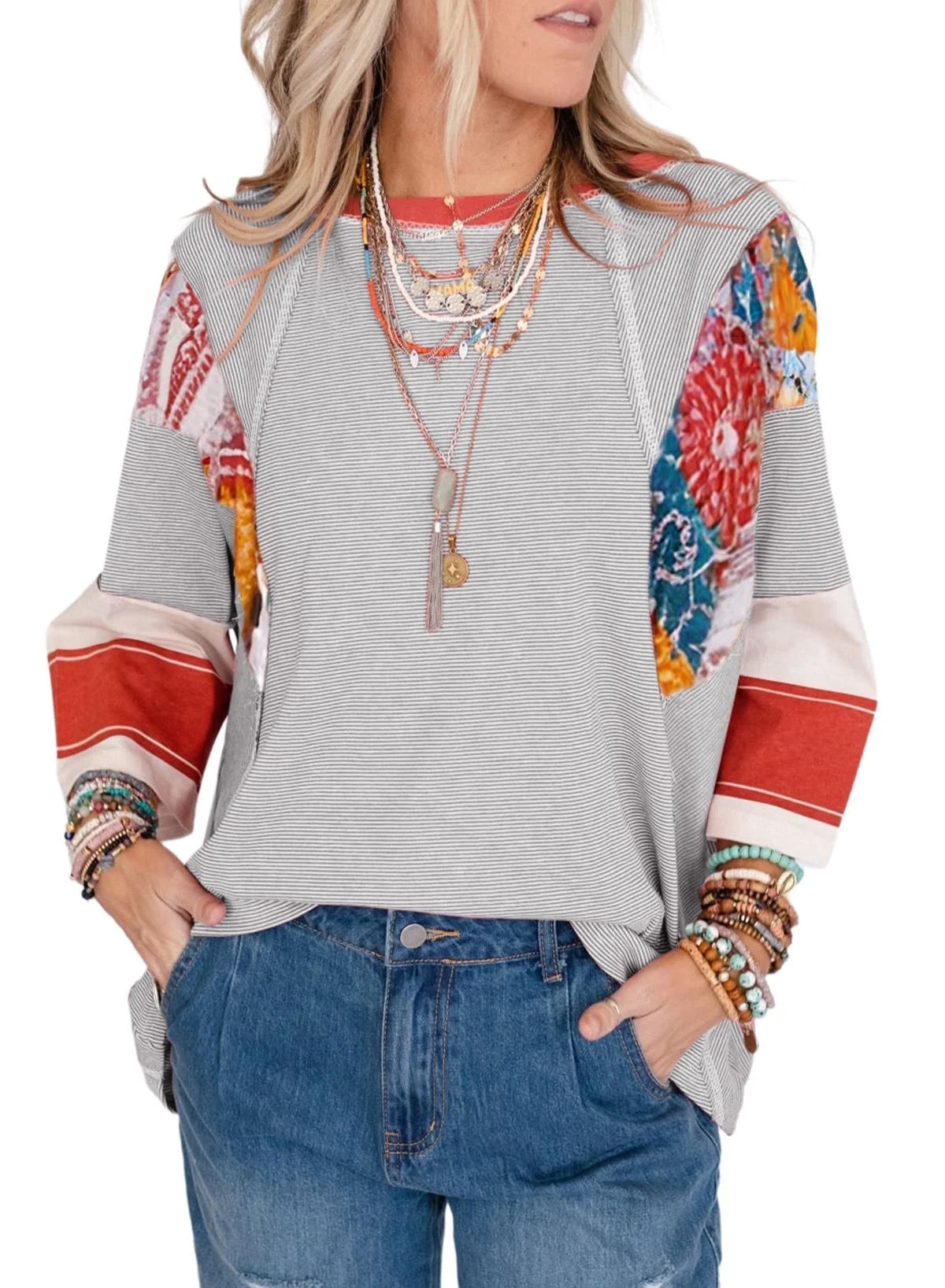 SHEWIN Womens Tops Spring Summer Boho Shirts Crew Neck Oversized Striped 3/4 Length Sleeve Patchw... | Walmart (US)