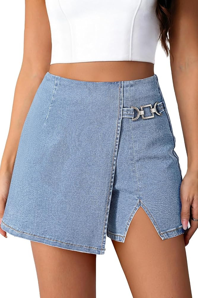 Pink Queen Jean Skorts for Women High Waist Split Hem Denim Wrap Skirts with Shorts | Amazon (US)