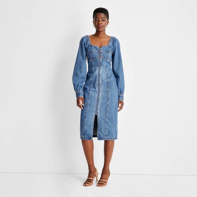 Women&#39;s Puff Long Sleeve Zip-Front Denim A-Line Dress - Future Collective&#8482; with Kahlana... | Target
