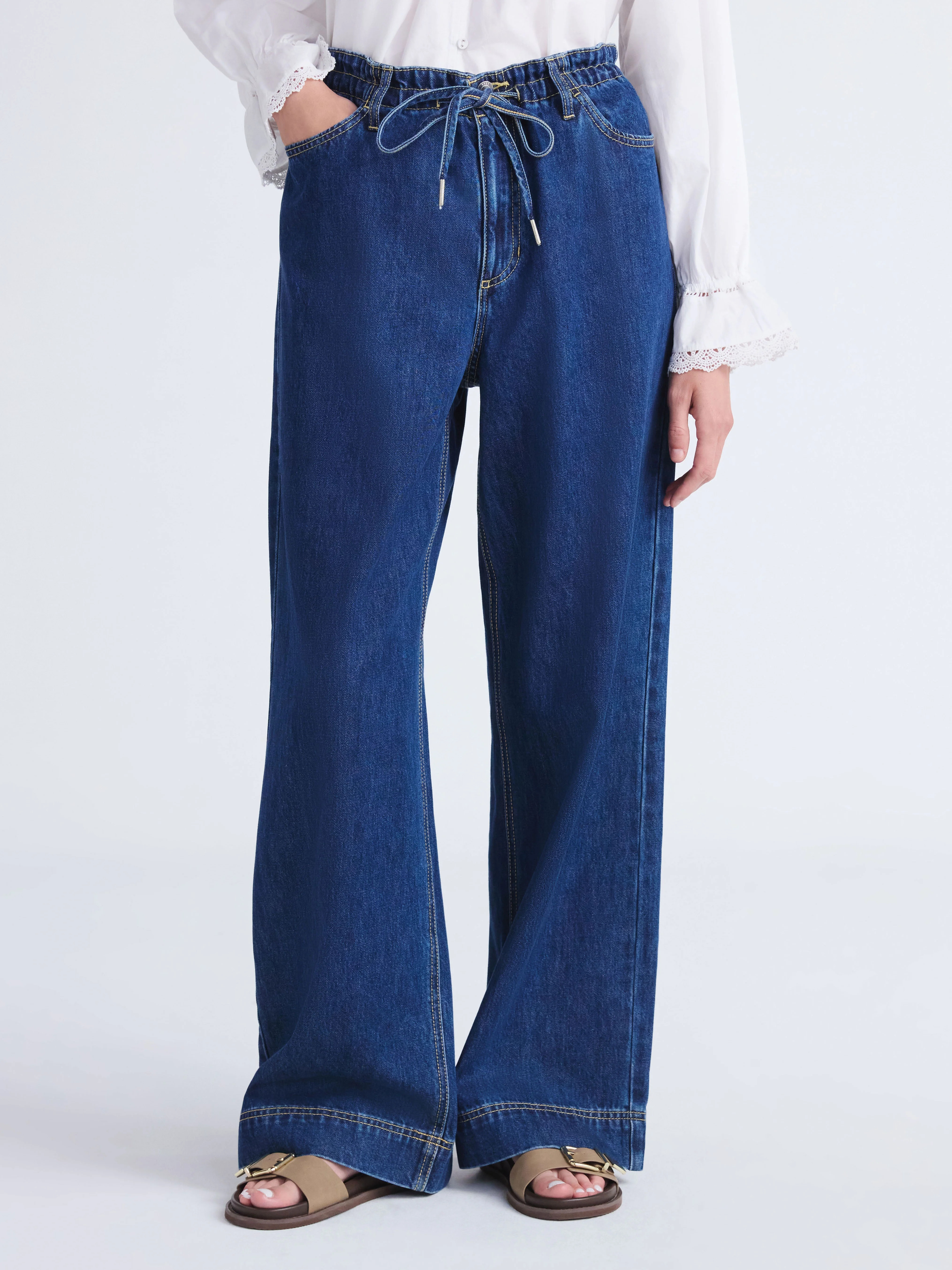 Free Assembly Women's and Women's Plus Loose Fitting Wide Leg Jeans with Adjustable Tie Waist, 32... | Walmart (US)